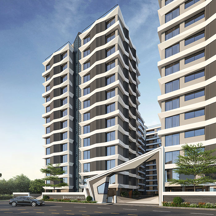 Rajhans Corazo Vesu Surat 3 BHK luxury flats building elevation