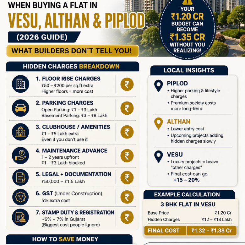 Hidden Charges When Buying a Flat in Vesu,vip, Althan & Piplod (2026 Guide) – What Builders Don’t Tell You