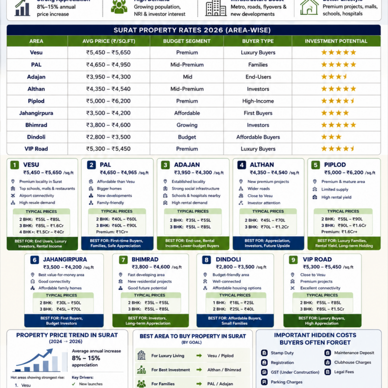 Property Rates in Surat 2026 — Area-Wise ₹/sqft Guide