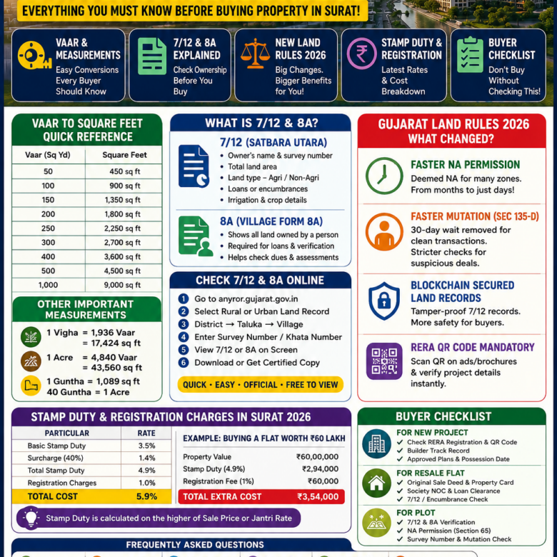 Surat Property Guide 2026 — Vaar to Sq Ft, 7/12, 8A, New Gujarat Land Rules