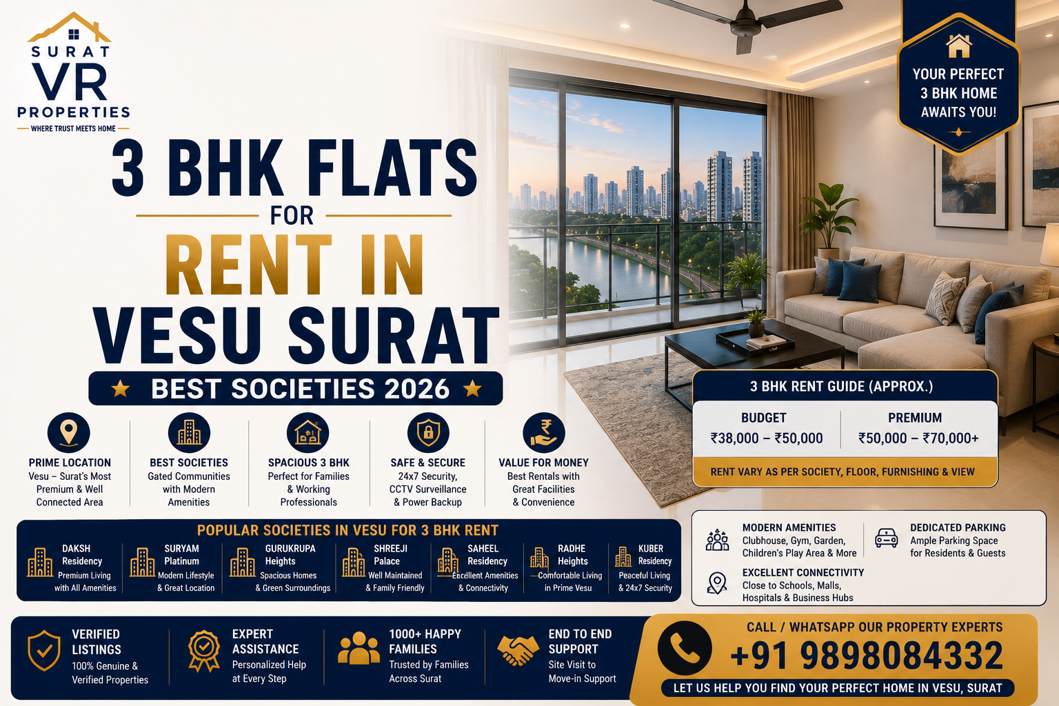 3 BHK flats for rent Vesu Surat best societies 2026